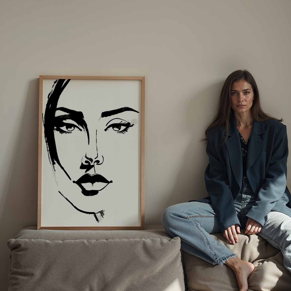 Minimalistische Gezichtsillustratie – Streetart wandkunst als portret poster