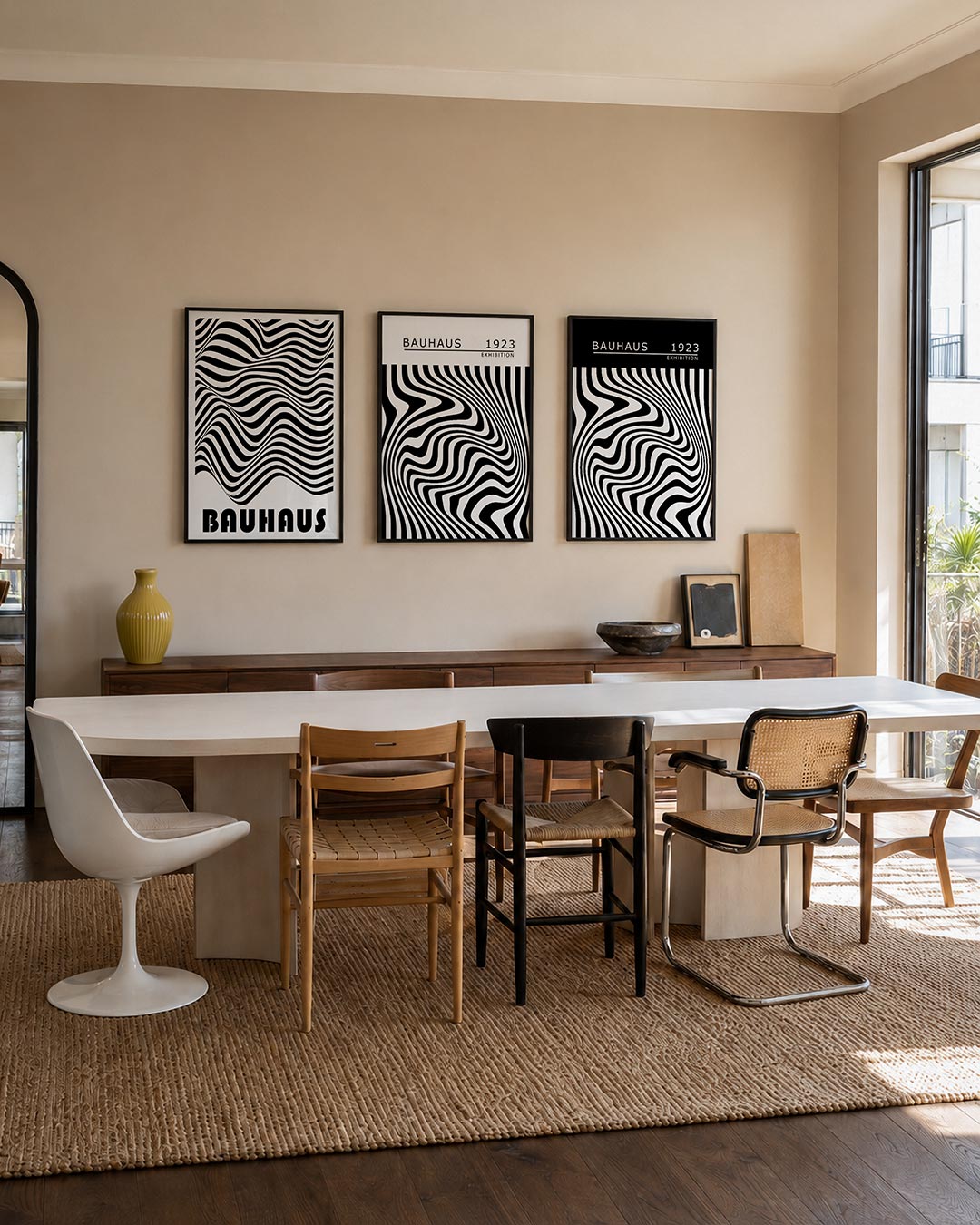 Golvend lijnenspel posterset – tweede productweergave – deze posterset toont vloeiende zwarte en witte lijnen die golven en