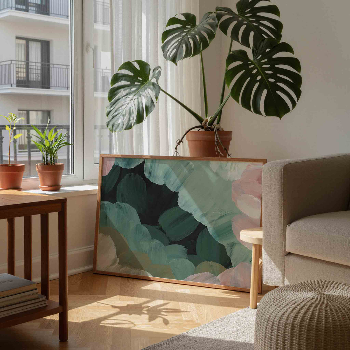 Abstracte groene vormen – schilderkunst als moderne landscape poster