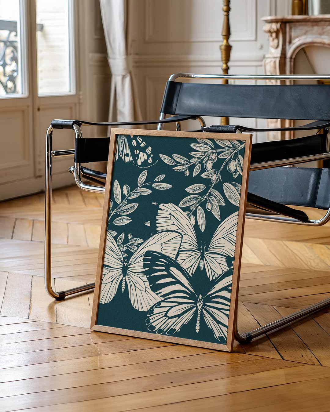 Elegante Vlinders & Olijfblaadjes – urban poster in staand formaat