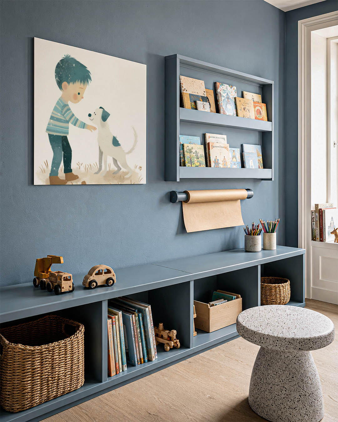 Vriendschap kind en hond kunstwerk – detailweergave – een jongen met blauw haar en een gestreept shirt streelt een witte