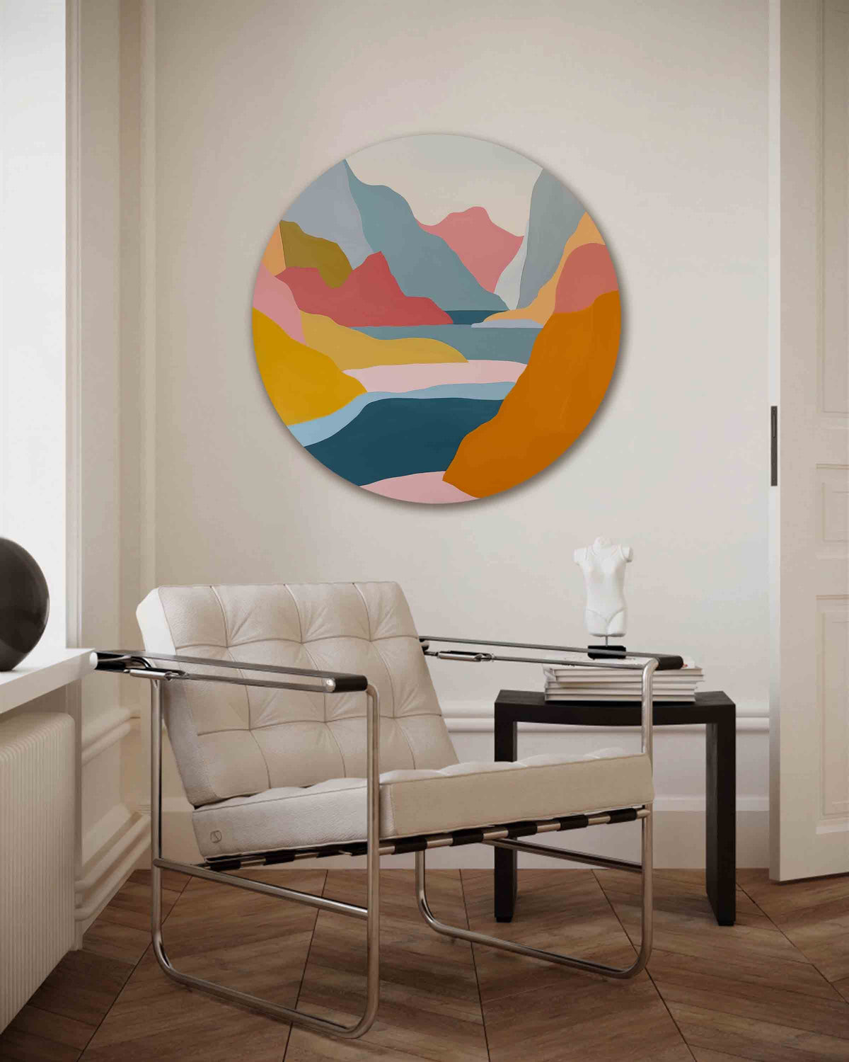 Berglandschap – kleurrijke muurcirkel als ronde wanddecoratie