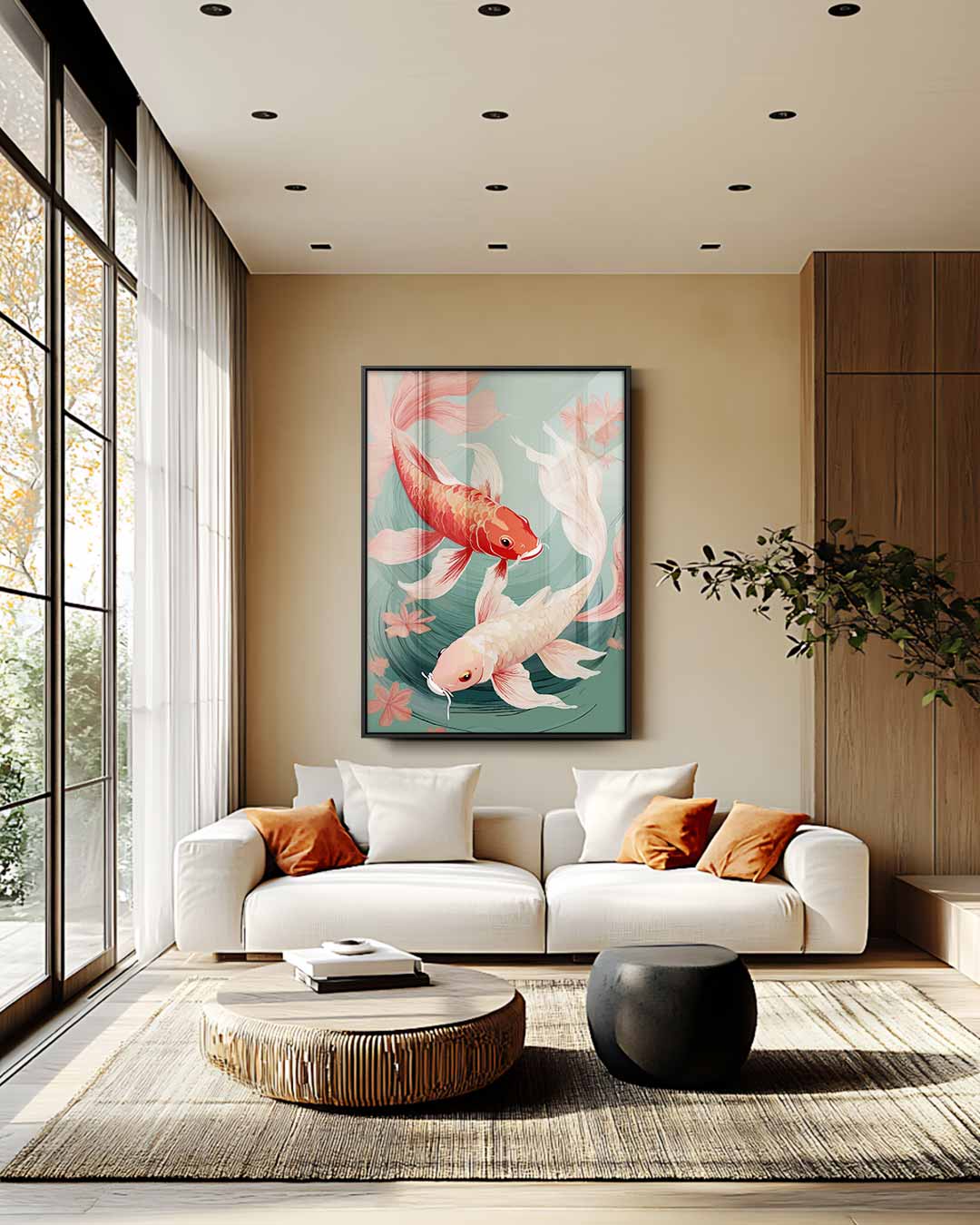 Vrolijke Koi-vissen op Rustige Rivier – staand kunstwerk voor modern interieur