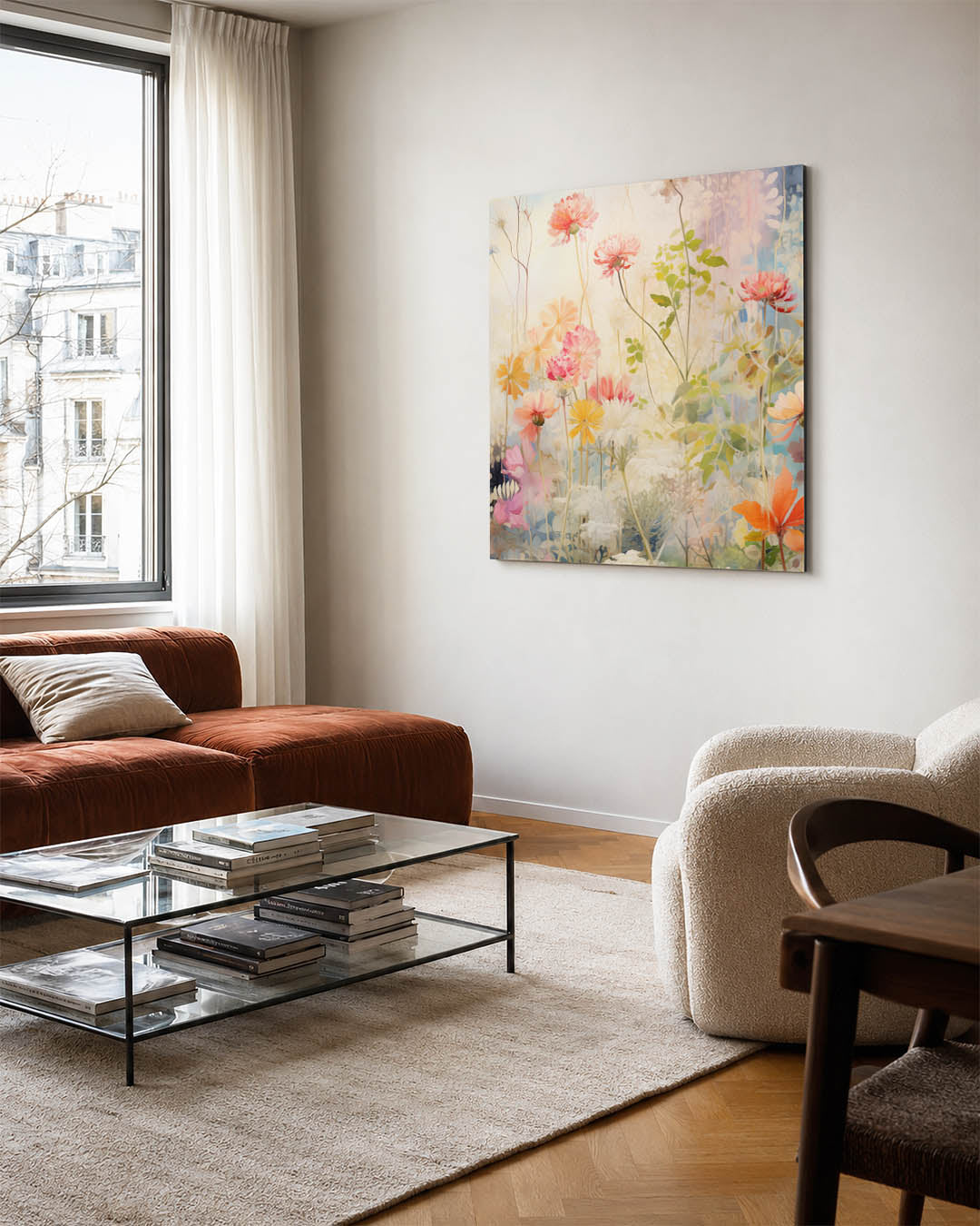 Bloemenpracht kunstwerk – vierkante wanddecoratie – dit kunstwerk toont een levendige verzameling bloemen in zachte tinten
