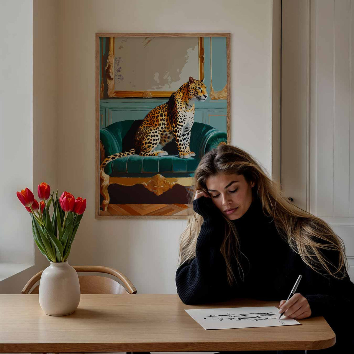 Elegante Luipaard op Luxe Sofa – staande dieren wanddecoratie van WallArtistic