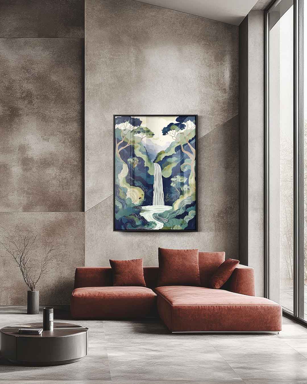 Mystieke Waterval in Bossen – staande wandkunst voor woonkamer of interieur