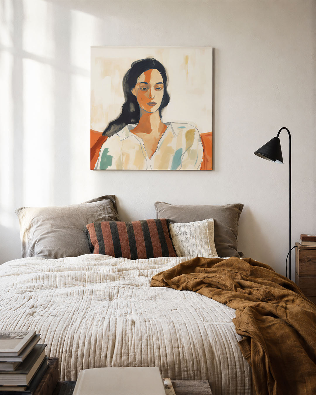 Vrouwelijk portret kunstwerk – detailweergave – dit werk toont een vrouwelijk portret met vloeiende lijnen en zachte kleuren.