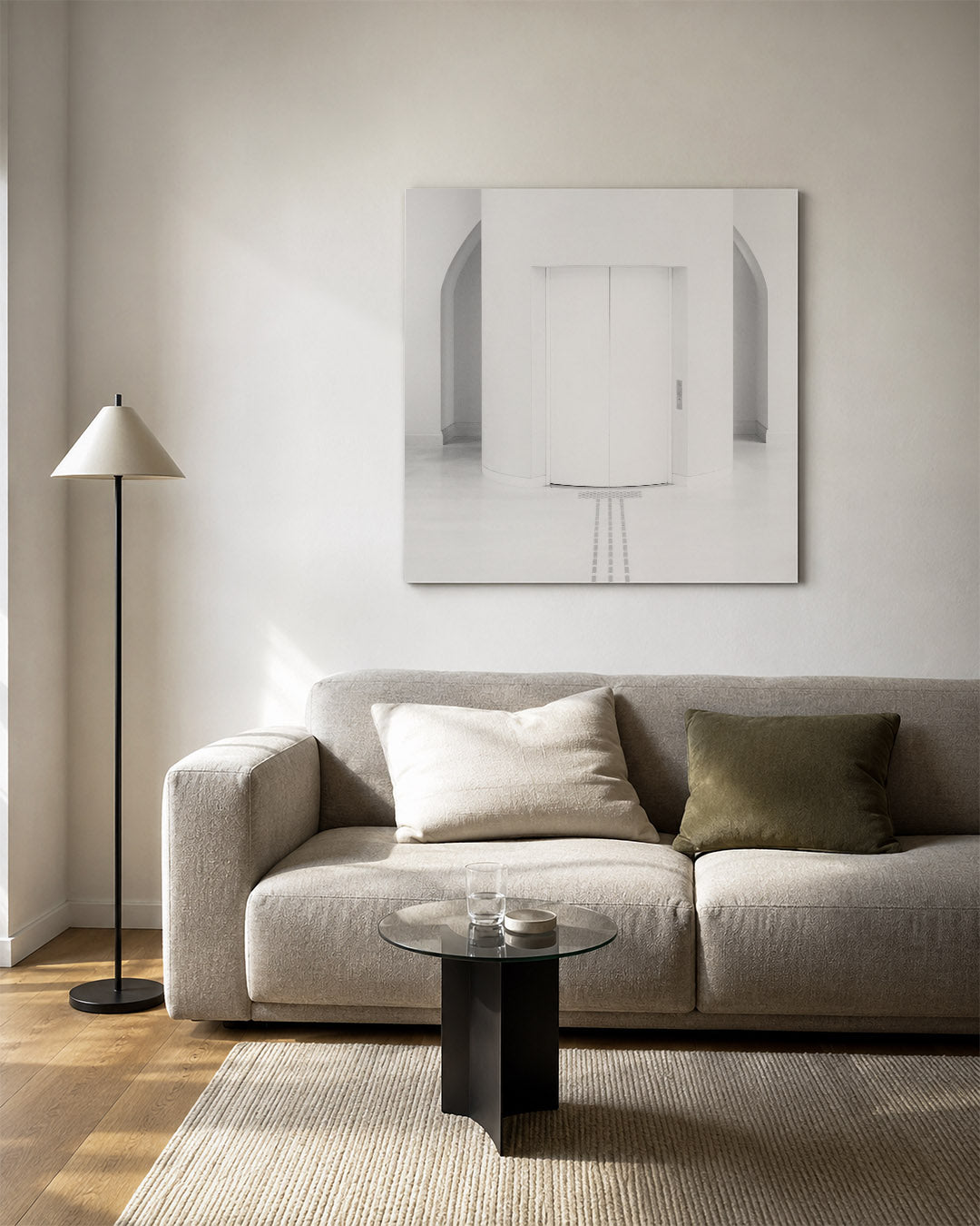 Architectuur kunstwerk – vierkante wanddecoratie – dit werk toont een serene, symmetrische compositie met zachte lijnen en