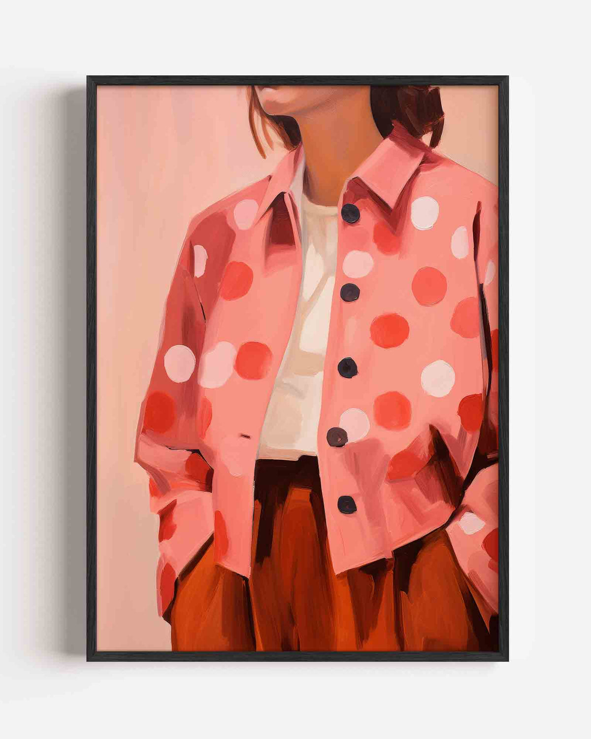 Vrouw in roze jas – Kunst & Design poster als staande wanddecoratie