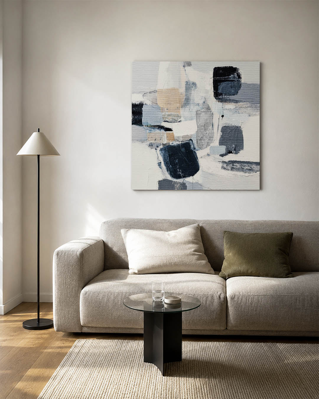 Geometrische compositie kunstwerk – vierkante wanddecoratie – dit werk toont een dynamische mix van rechthoeken en vierkanten