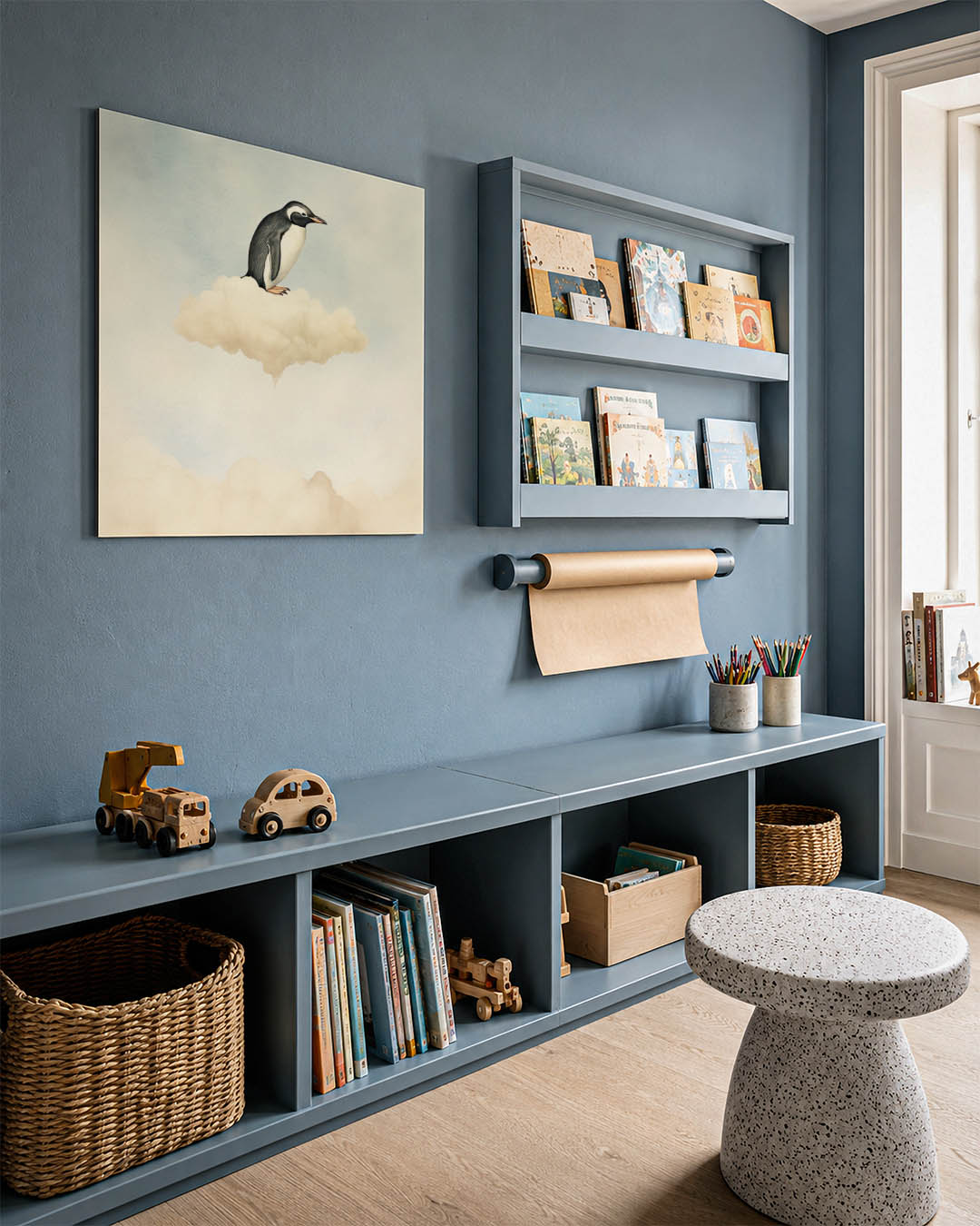 Dromerige pinguïn kunstwerk – detailweergave – een pinguïn zit op een zachte wolk tegen een lichte lucht. De compositie is