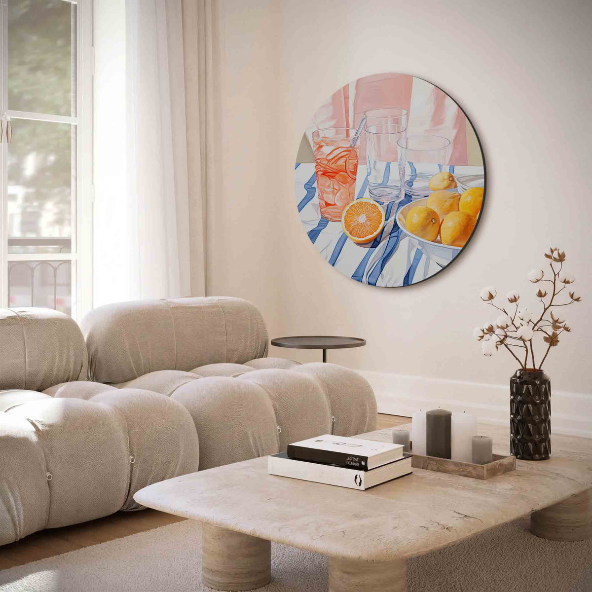 Citrus en glazen – muurcirkel met abstracte texturen voor aan de muur