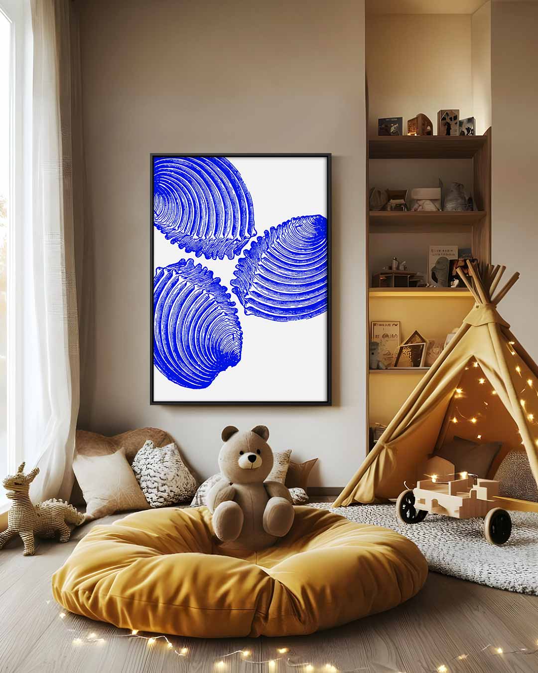 Blauwe Schelp Trio Kunstwerk – dibond wanddecoratie in staand formaat
