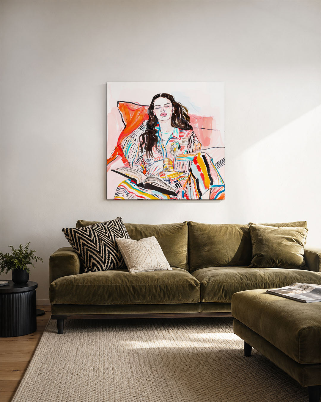 Kleurrijke lezing kunstwerk – derde productweergave – dit werk toont een persoon in een kleurrijke omgeving met levendige