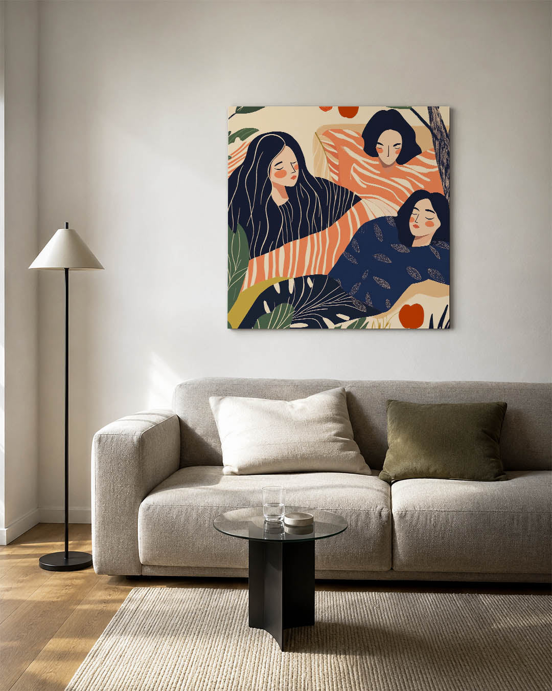 Dromerige figuren kunstwerk – detailweergave – dit kunstwerk toont drie figuren in een compositie met vloeiende lijnen en