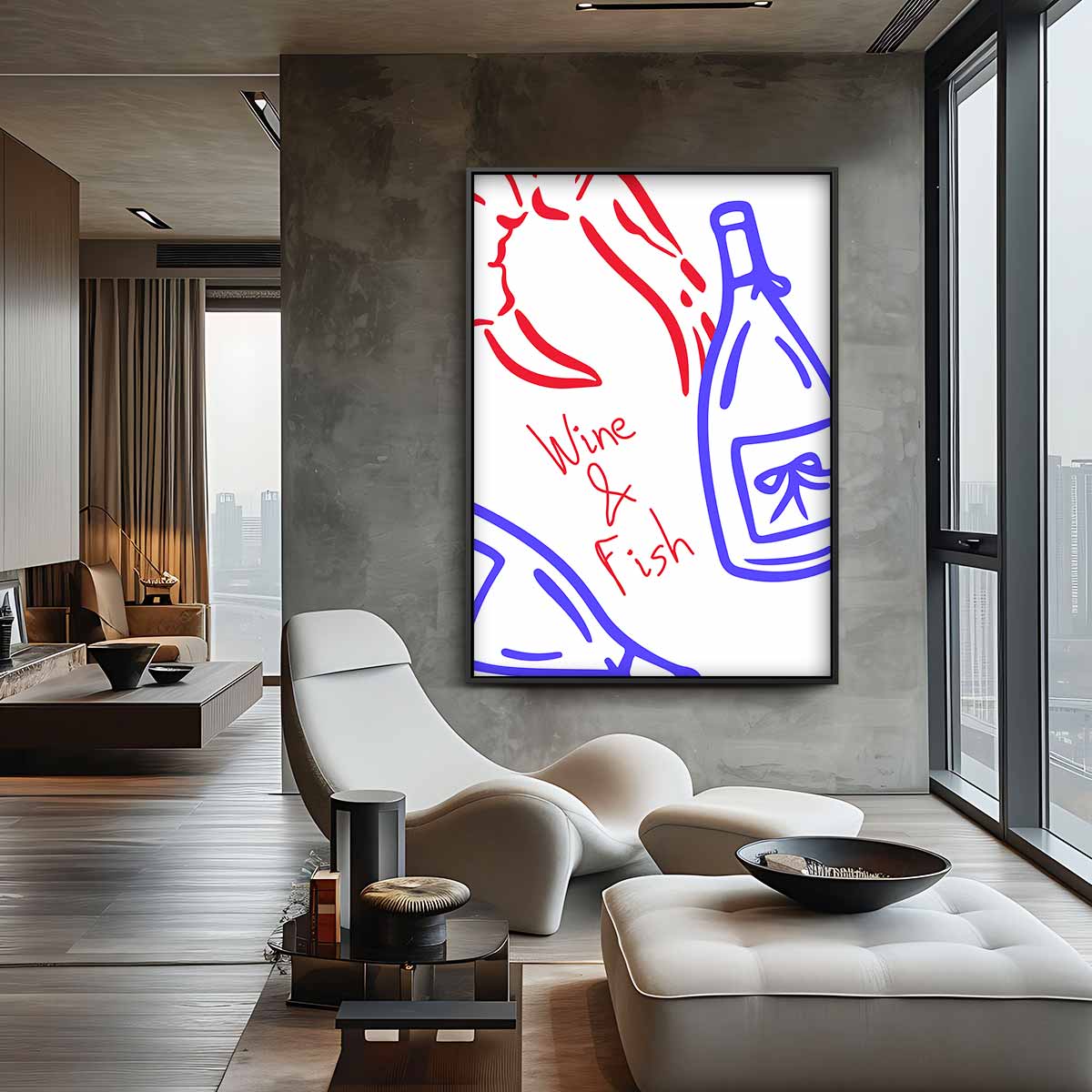 Wijn en Vis Illustratie – plexiglas kunstwerk als wanddecoratie