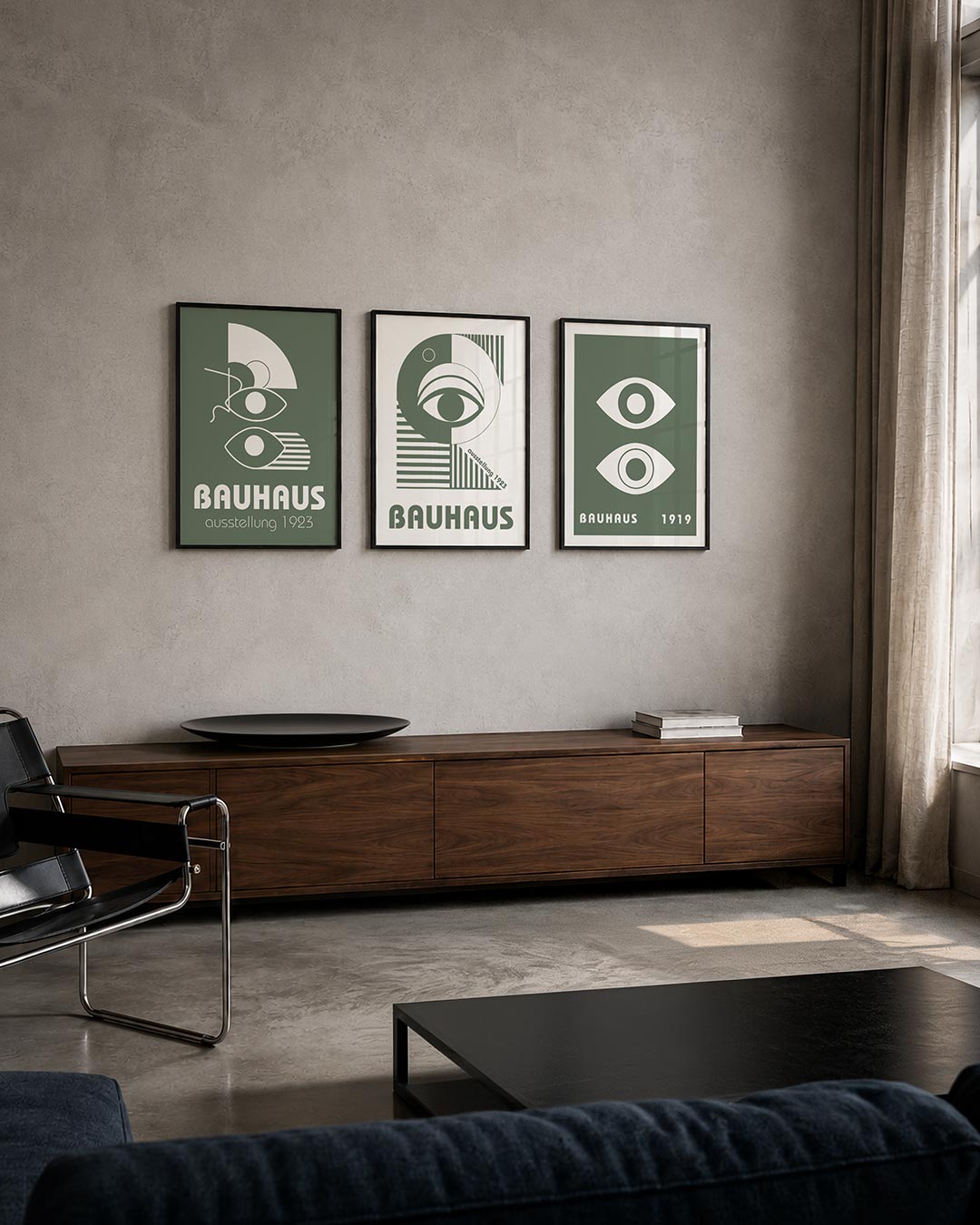 Vorm en lijnenspel driedelige posterset – deze posterset in drie delen toont een harmonie van cirkels, lijnen en ogen in wit