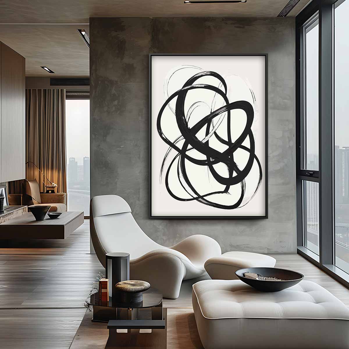 Abstracte Zwarte Lijnen – canvas wanddecoratie in portret formaat