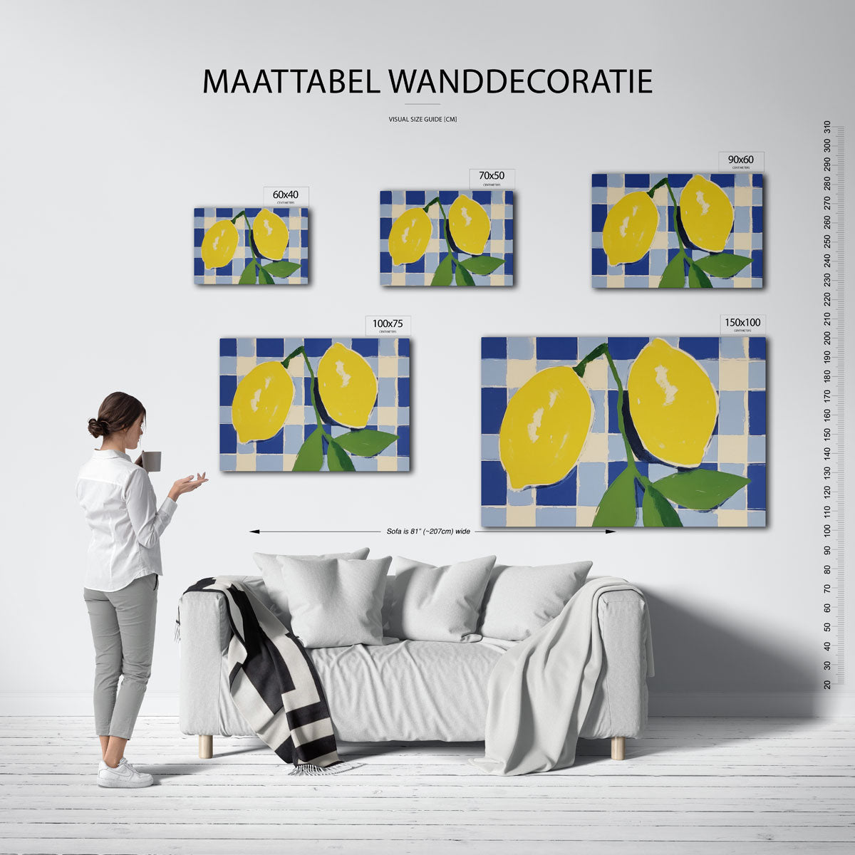 Citroenen op ruitpatroon – kunstwerk op canvas, dibond of plexiglas
