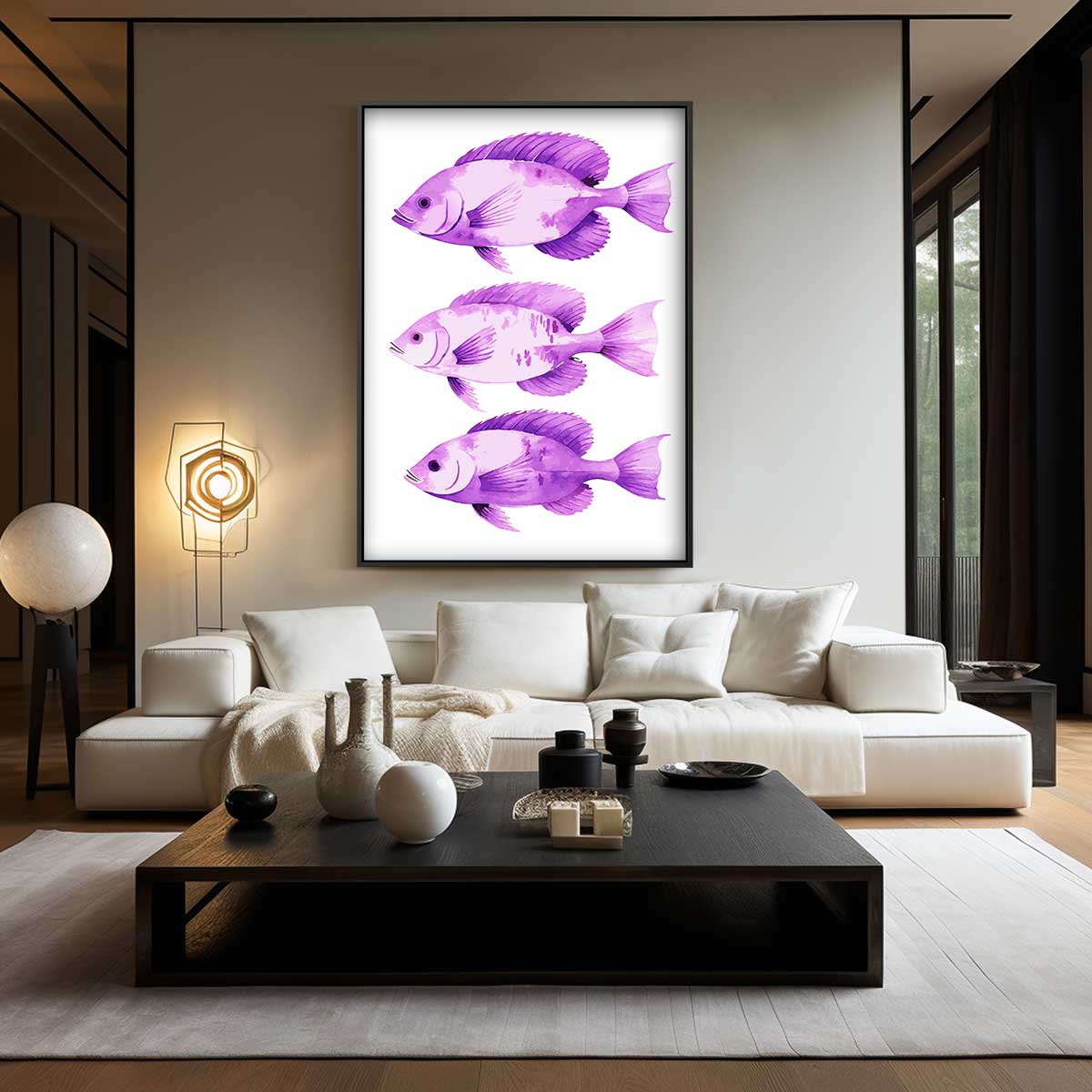 Paarse Vis Trio – kunstwerk met zwarte baklijst