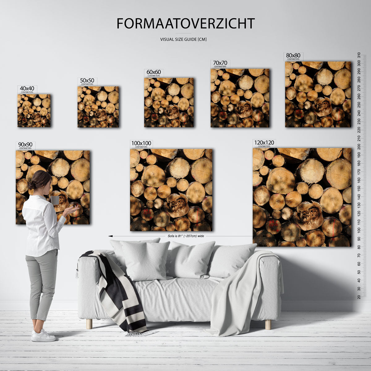 Houtstapel textuur poster – sfeerbeeld – deze poster toont een stapel boomstammen met zichtbare jaarringen en schors. De