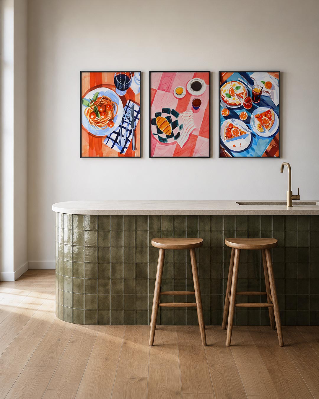 Kleurrijke tafelsetting posterset – tweede productweergave – een levendige compositie met een bord spaghetti en tomaten,