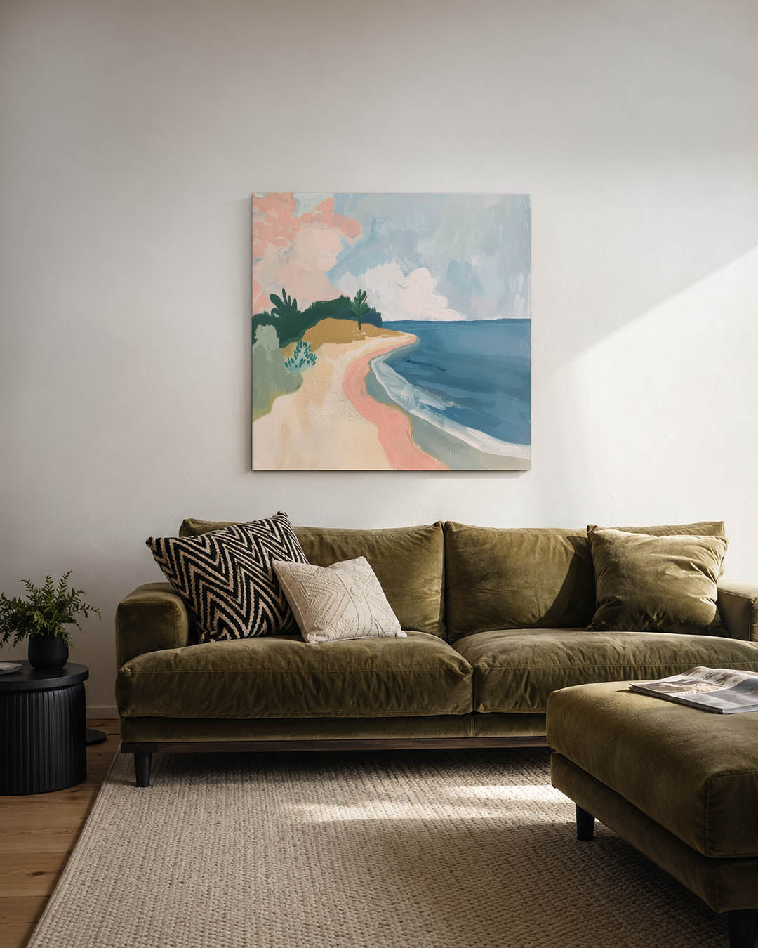 Kleurrijk strandlandschap kunstwerk – derde productweergave – dit werk toont een serene kustlijn met zachte kleuren. De lucht