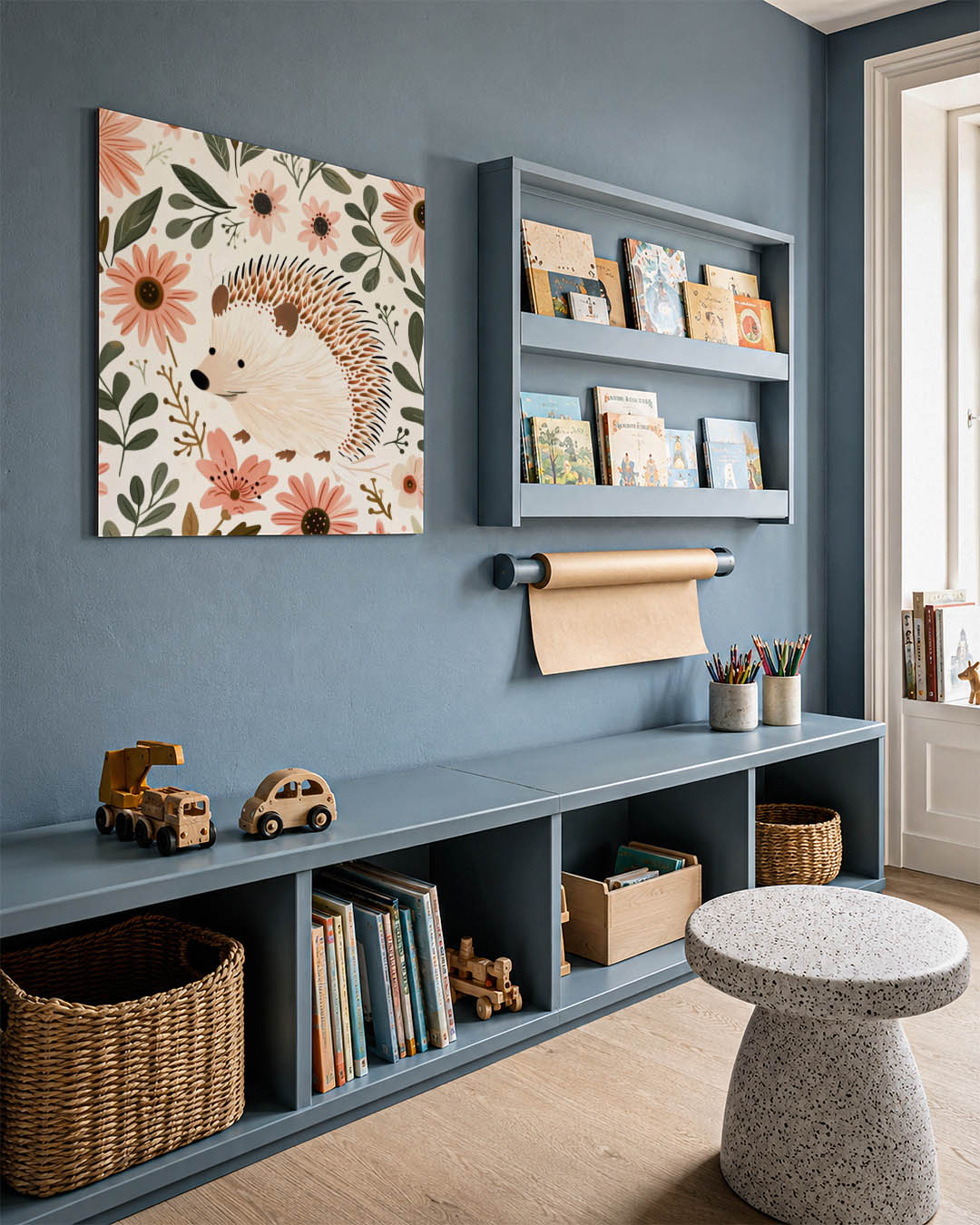 Bloemen en egel kunstwerk – detailweergave – dit kunstwerk toont een schattige egel omringd door bloemen en bladeren. De