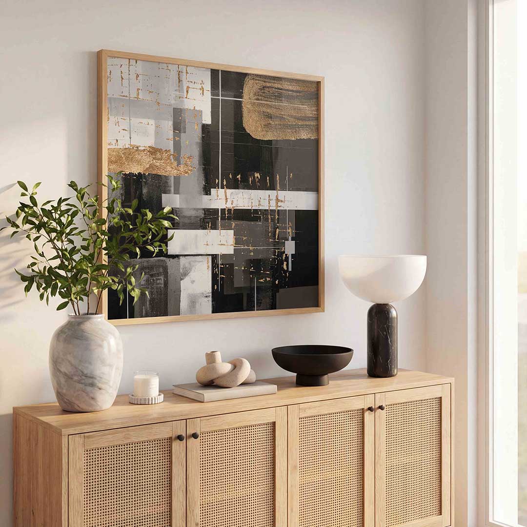 Abstracte gouden accenten – rustige abstracte wandkunst als vierkante poster