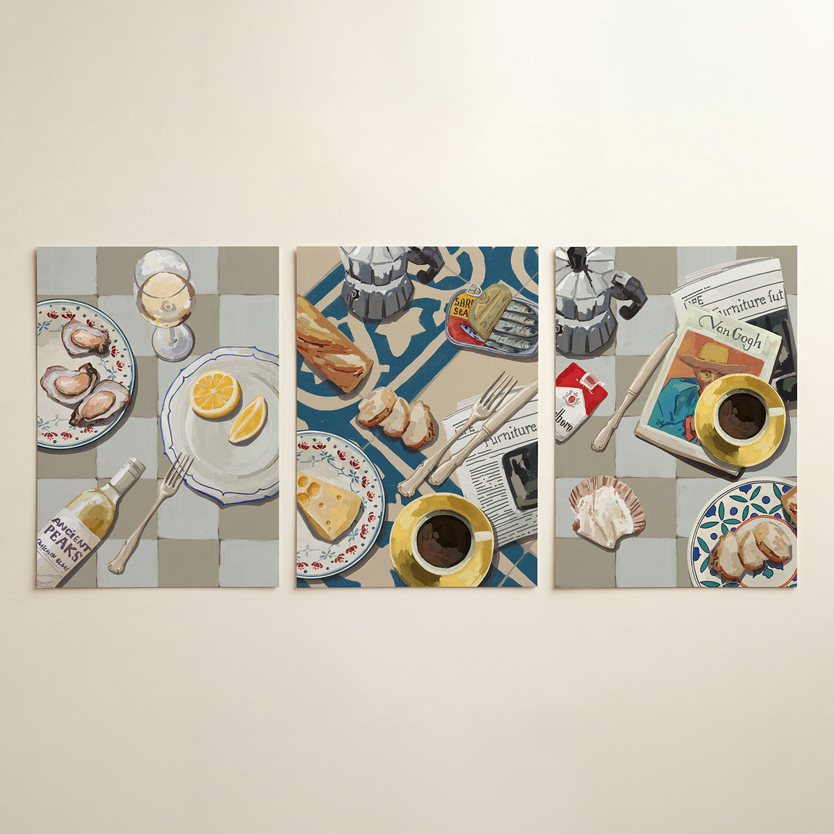Eettafel compositie driedelige posterset in interieur