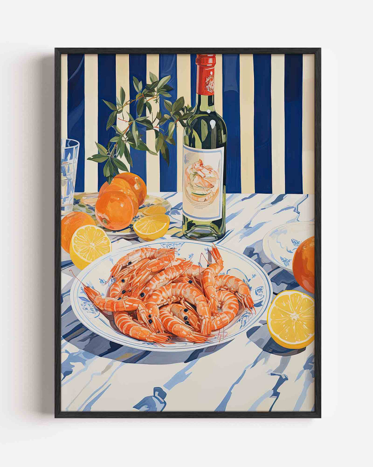 Garnalen en wijn – kleurrijke illustratie portret poster als wanddecoratie