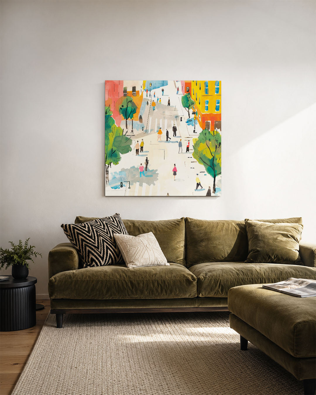 Stadsleven in kleur kunstwerk – derde productweergave – dit kunstwerk toont een levendige straat met kleurrijke gebouwen en