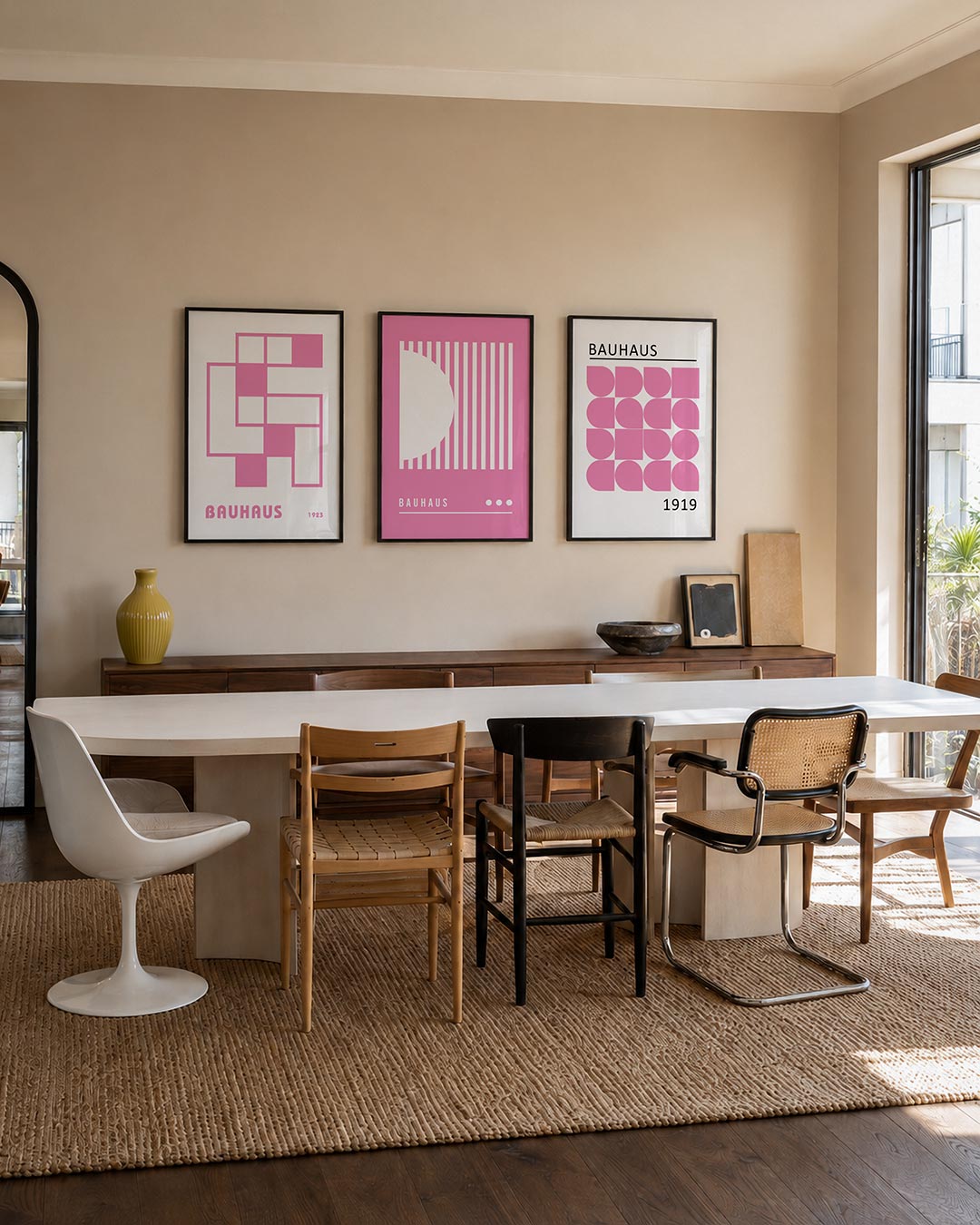 Vormen en vlakken driedelige posterset – deze posterset in drie delen toont een speelse combinatie van roze en wit. Rechte