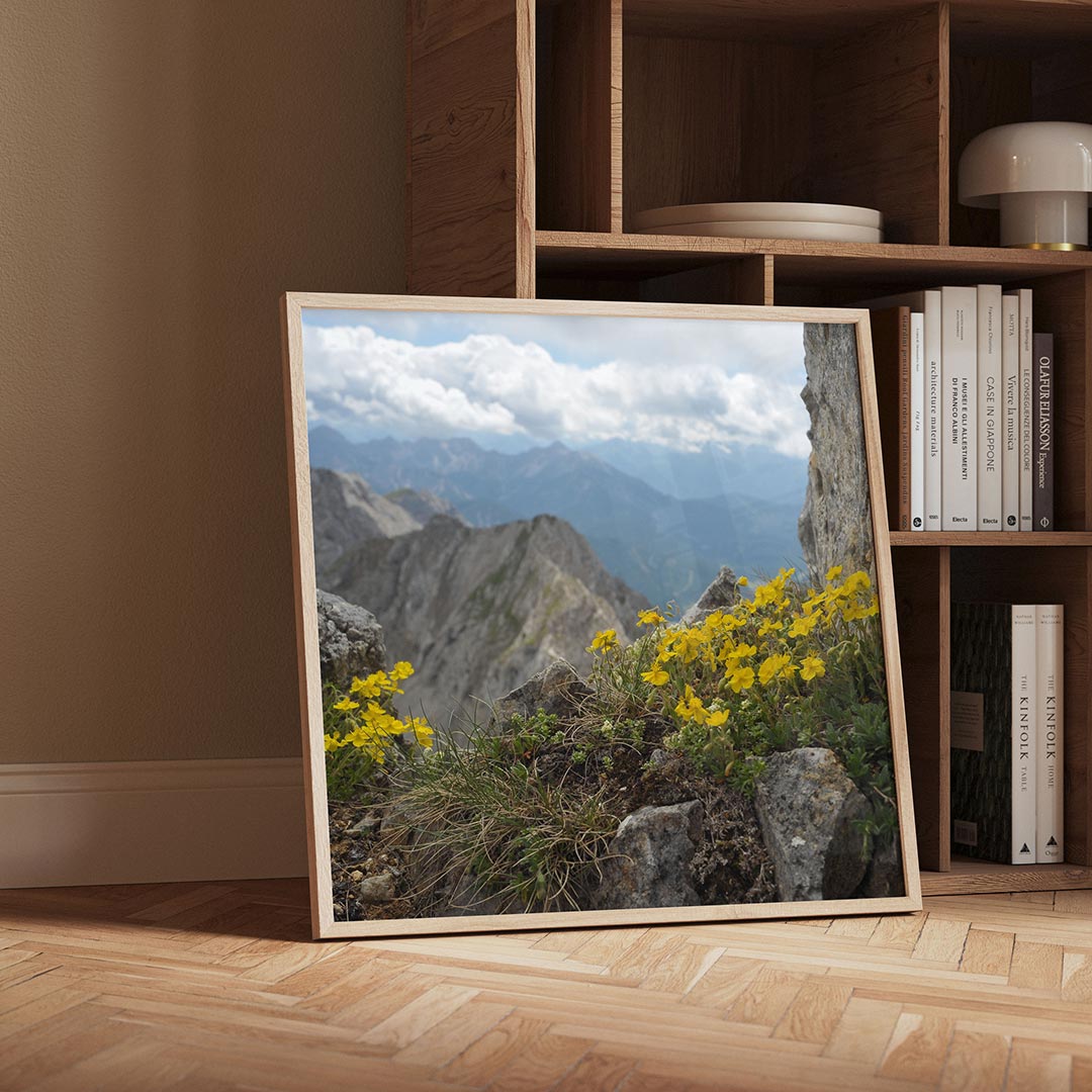 Berglandschap met bloemen poster – detailweergave – deze poster toont een berglandschap met gele bloemen op de voorgrond. De