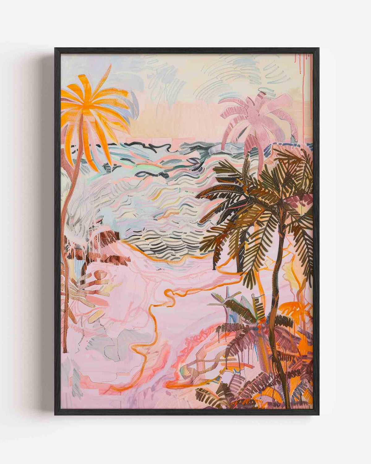 Palmbomen en golven – Kunst & Design poster als staande wanddecoratie