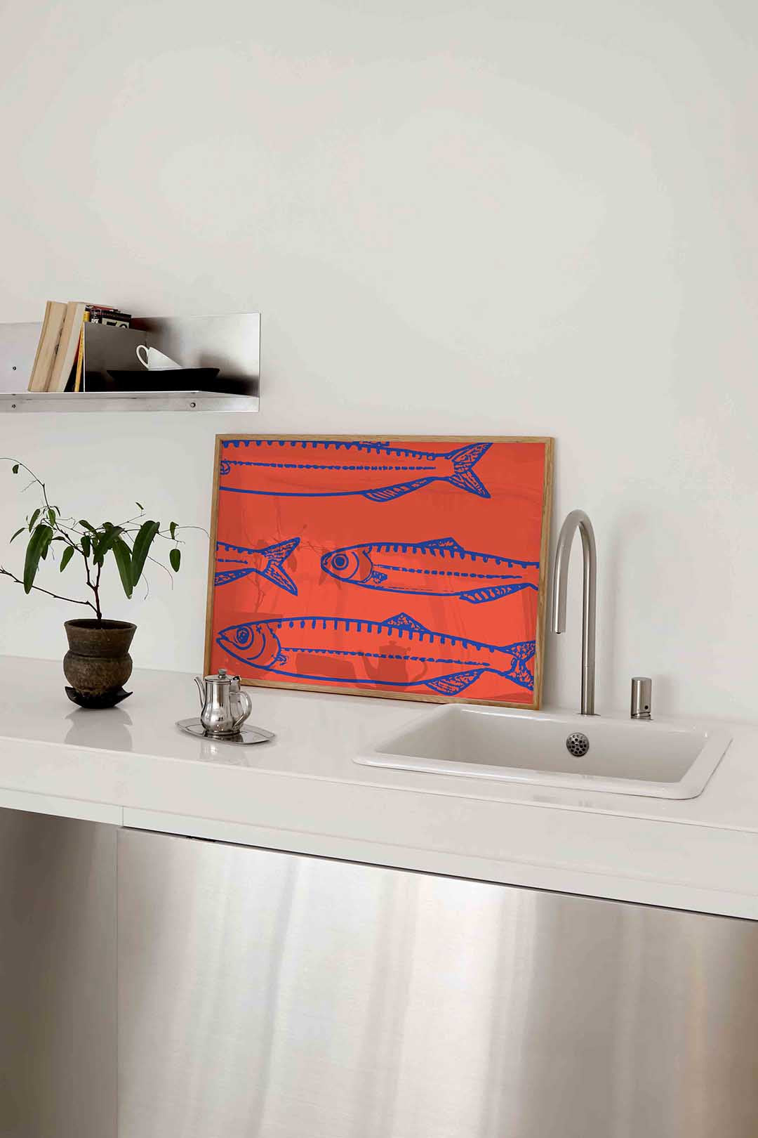 Vissen op oranje – keukenposter in liggend formaat