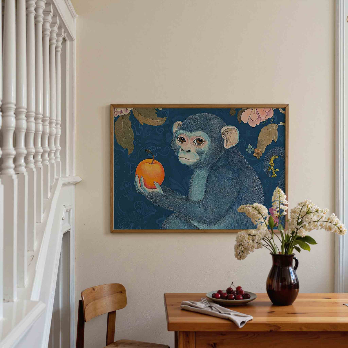 Aap met sinaasappel – dieren poster in liggend formaat