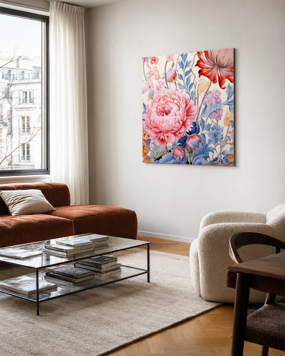Bloemrijke fantasie kunstwerk – vierkante wanddecoratie – dit kunstwerk toont een weelderige verzameling bloemen in levendige