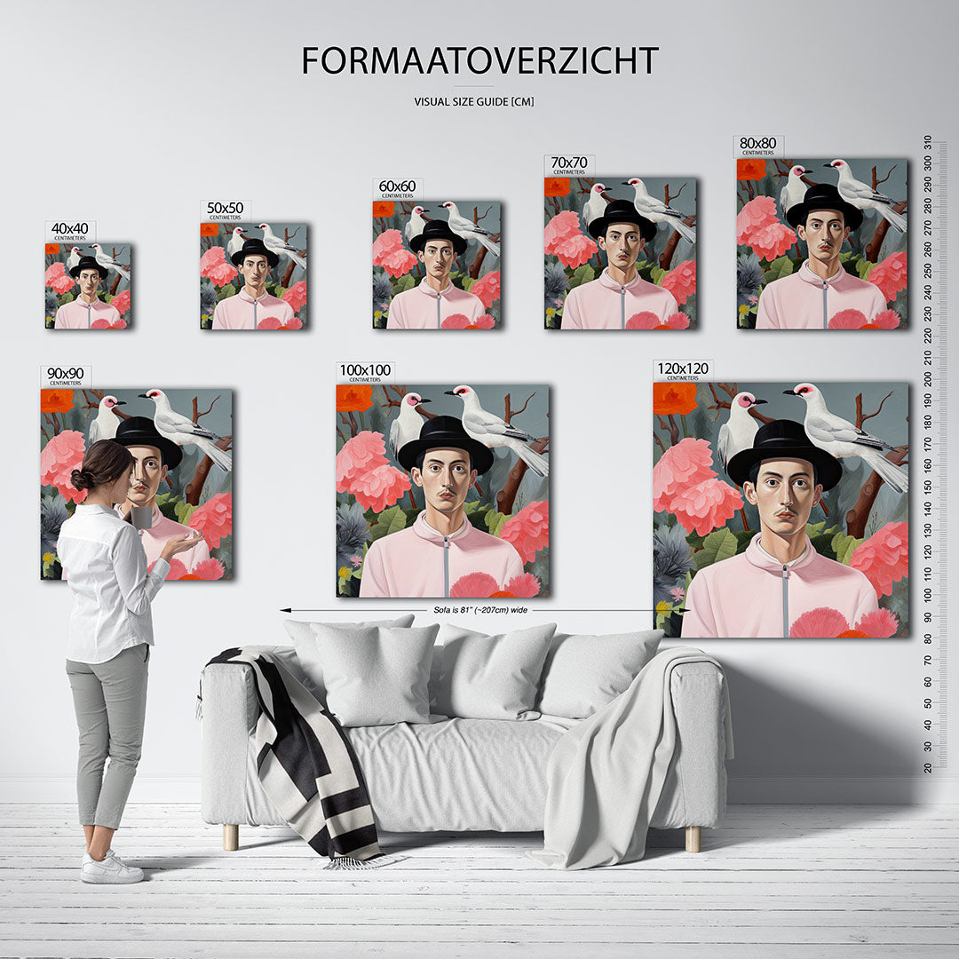 Vogels en bloemen portret kunstwerk – sfeerbeeld – dit werk toont een man met een hoed, omringd door kleurrijke bloemen en
