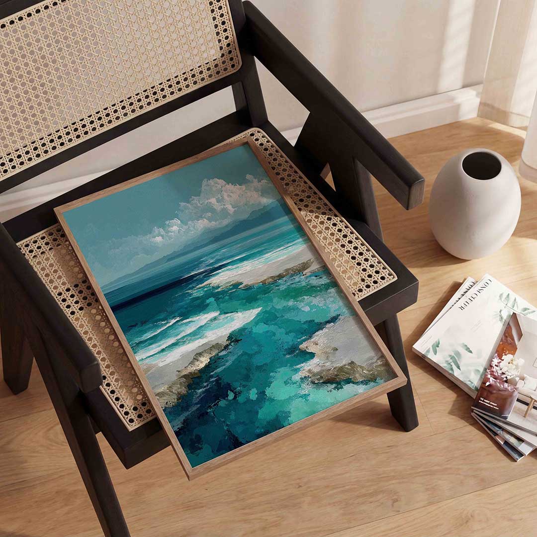 Blauwe oceaanlandschap – abstracte wandkunst als portret poster