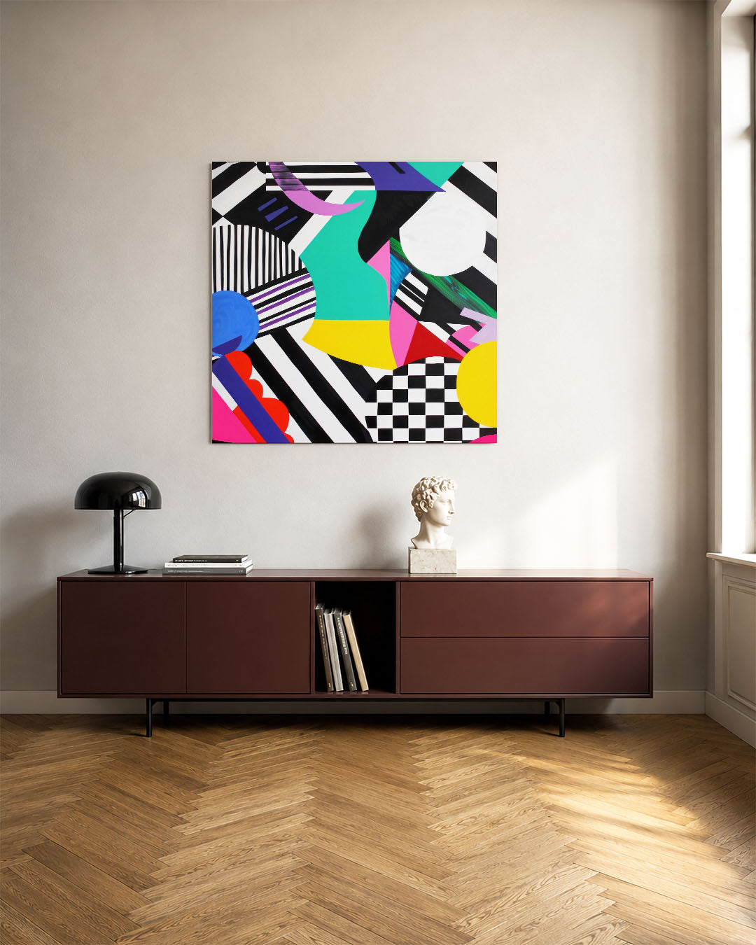 Dynamische geometrie kunstwerk – tweede productweergave – dit werk toont een levendige mix van geometrische vormen en