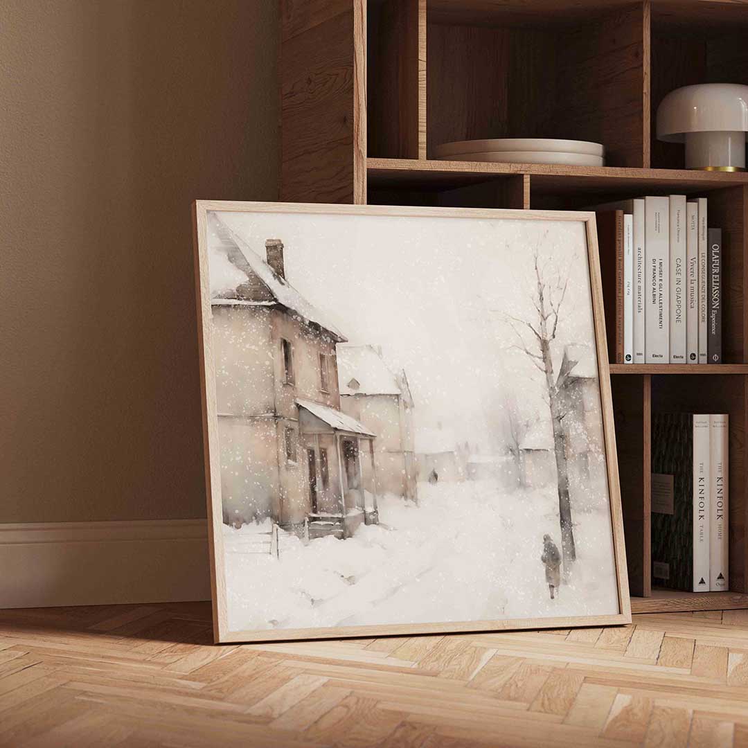 Winterse straat – vierkante kerst wanddecoratie van WallArtistic