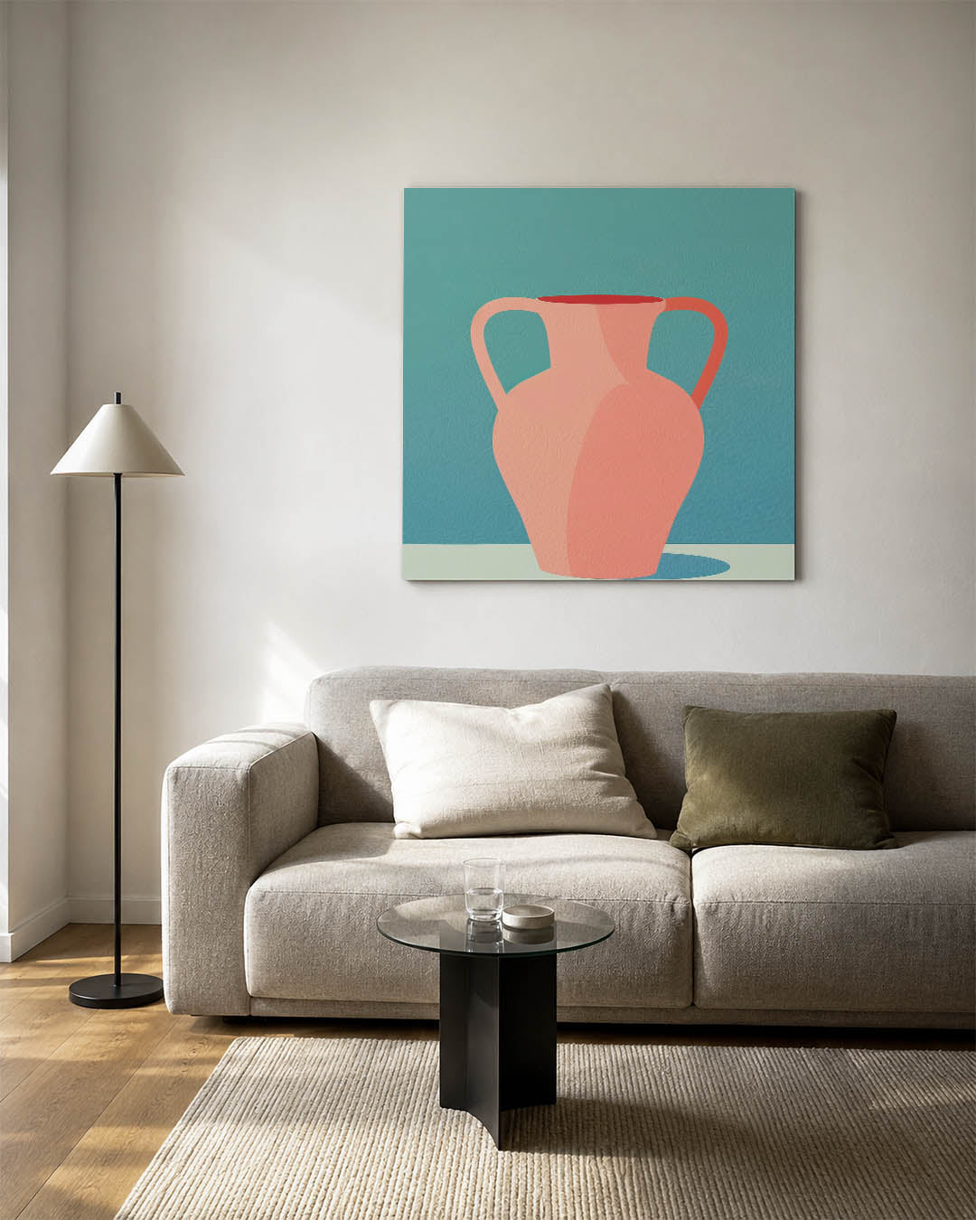 Vaas met handvatten kunstwerk – vierkante wanddecoratie – dit toont een vaas met zachte rondingen en dubbele handvatten tegen