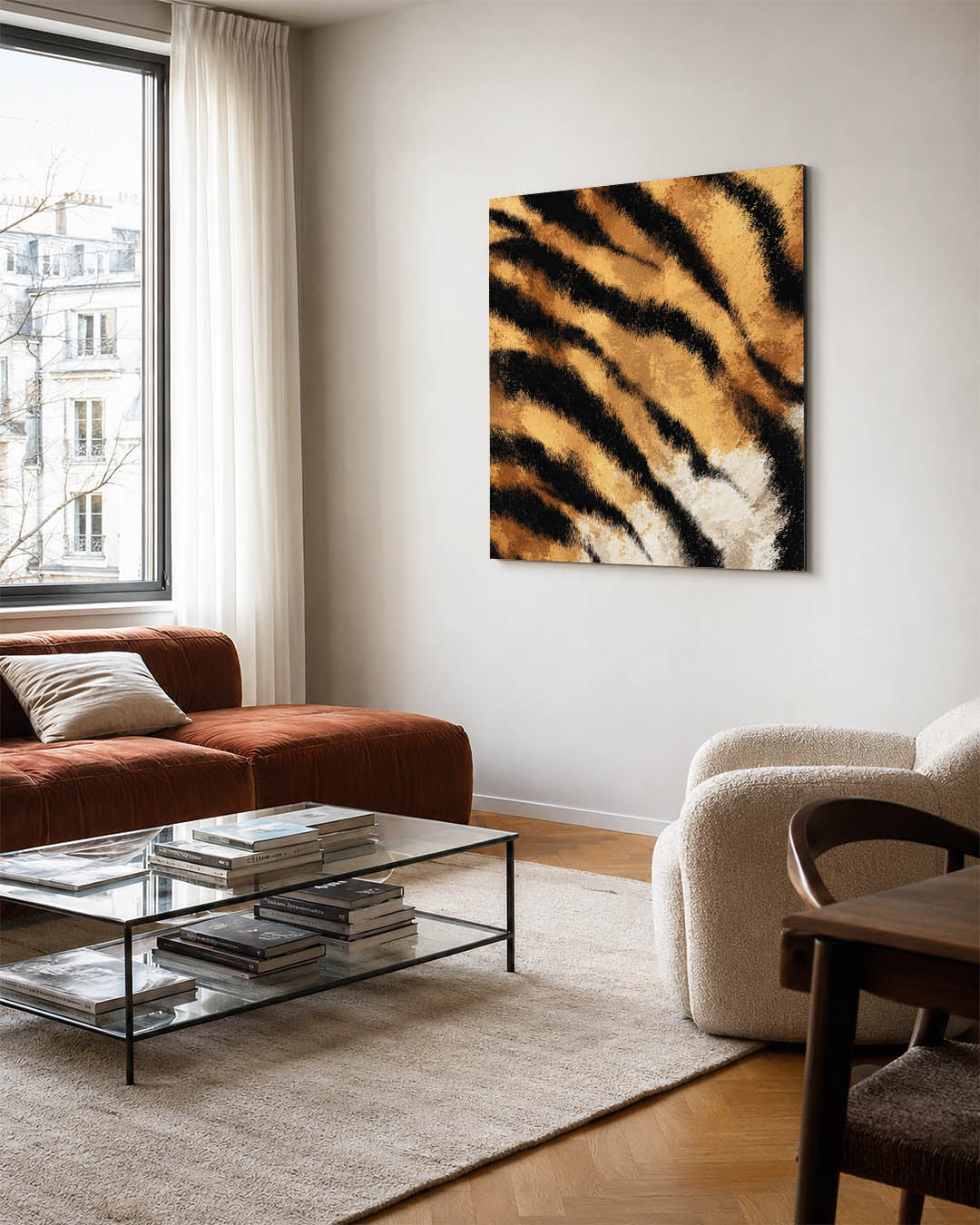 Dierlijke strepen kunstwerk – vierkante wanddecoratie – dit werk toont een dynamisch patroon van zwarte en oranje strepen met