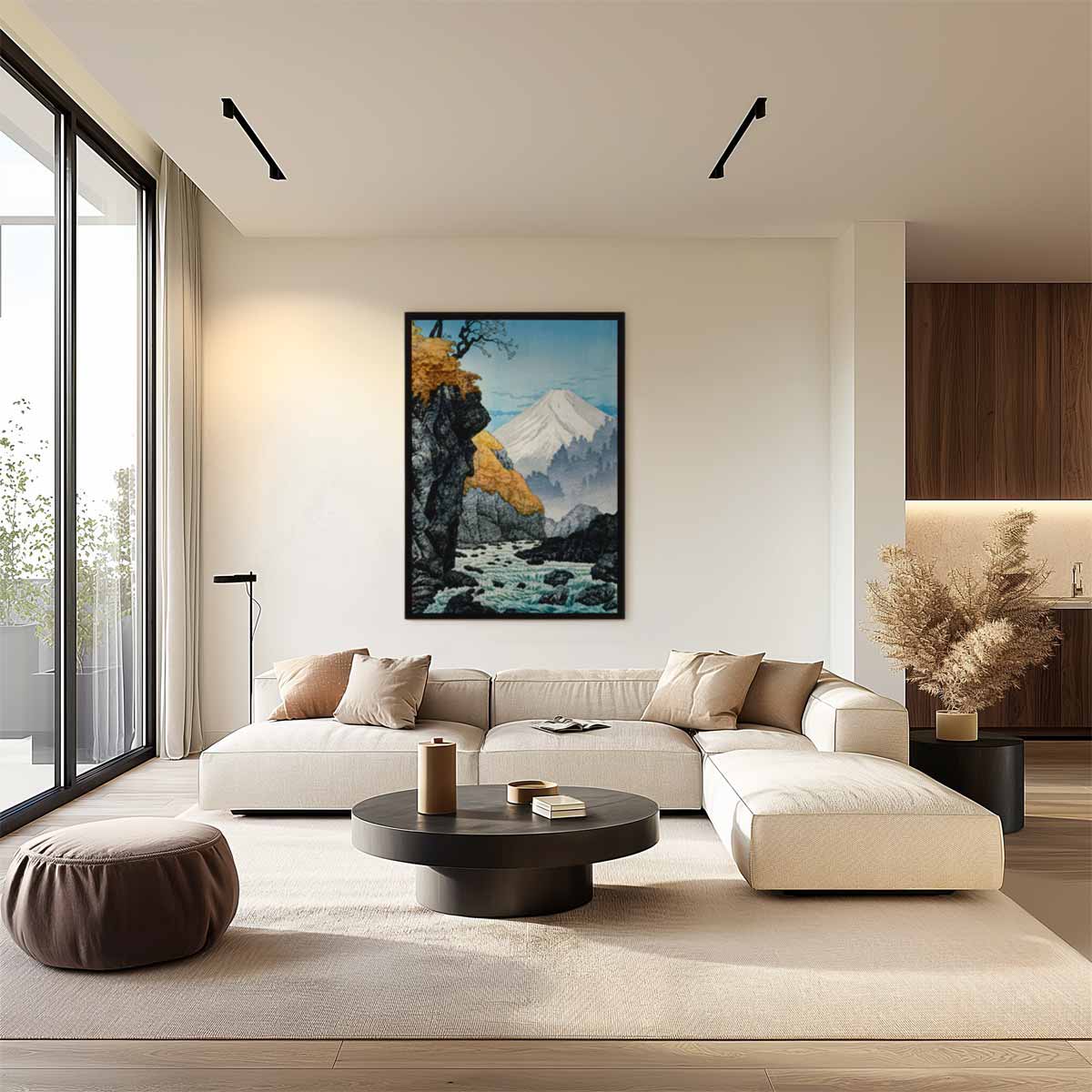 Berglandschap met Rivier – kunstwerk met zwarte baklijst