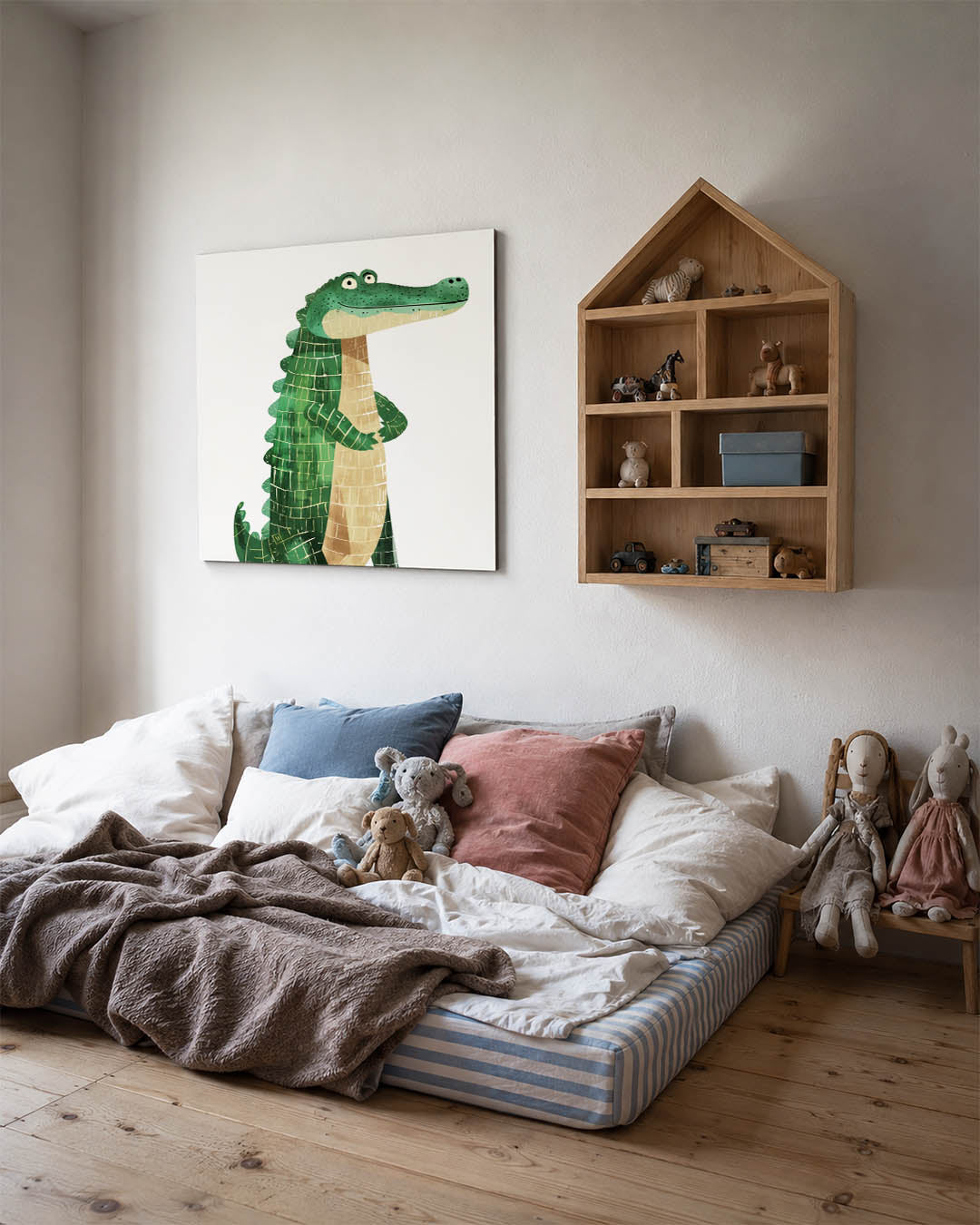 Vrolijke krokodil illustratie kunstwerk – derde productweergave – dit werk toont een speelse krokodil met een groene huid en