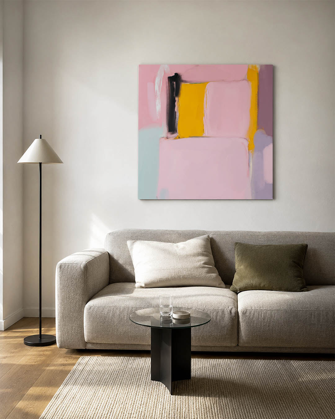 Kleurrijke vlakken kunstwerk – vierkante wanddecoratie – dit werk toont grote rechthoekige vlakken in zachte tinten. De