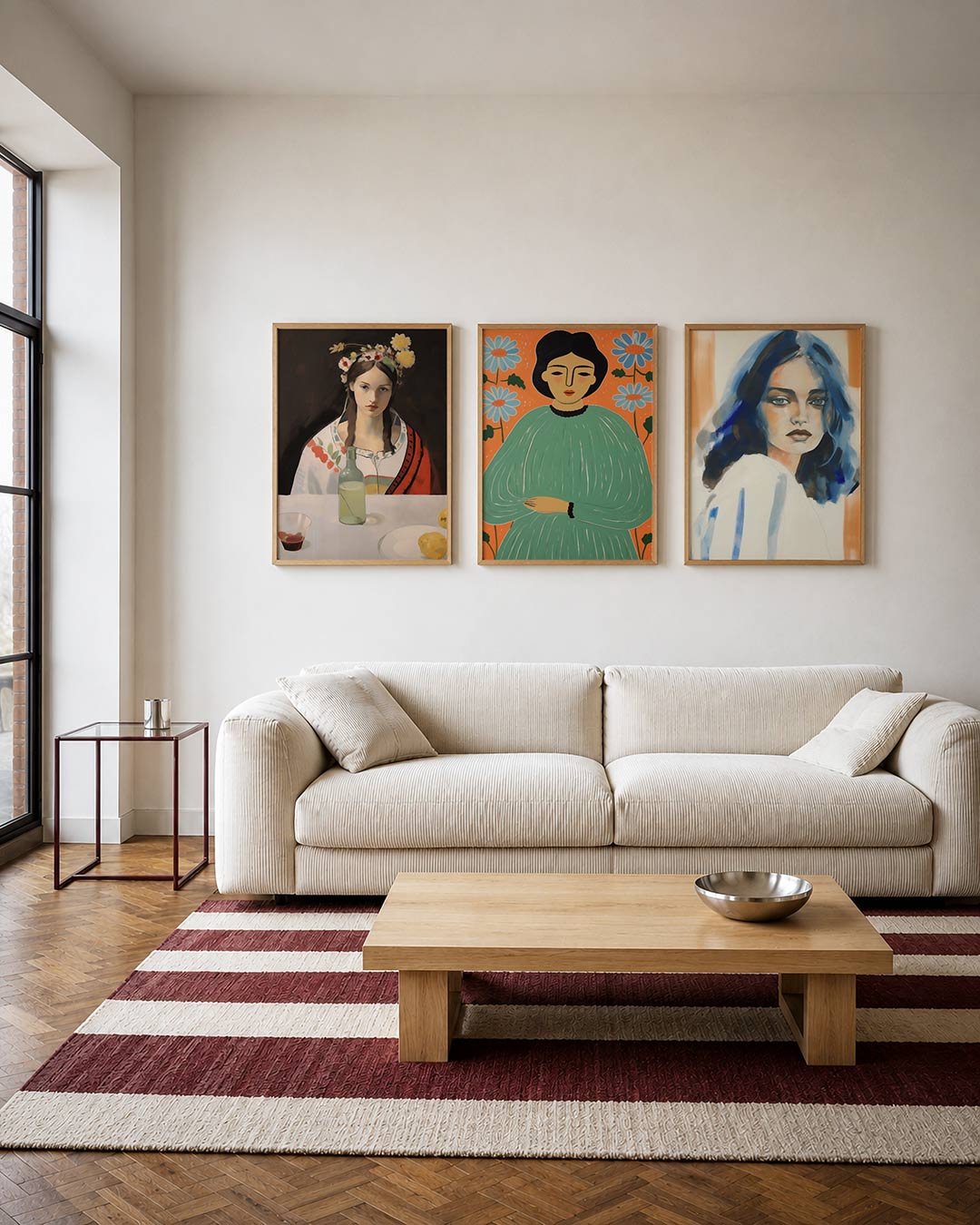 Kleurrijke portretcompositie driedelige posterset – een vrouw met bloemen in haar haar zit aan een tafel met een