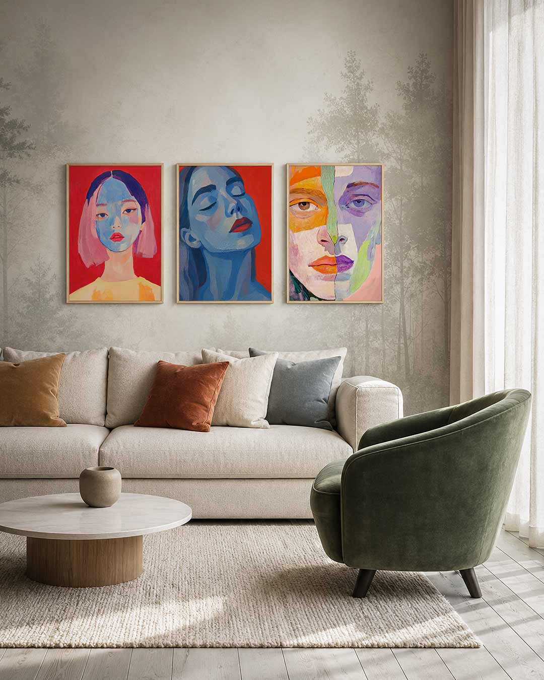 Portretuitdrukking driedelige posterset – een portret met een blauw gezicht tegen een rode achtergrond