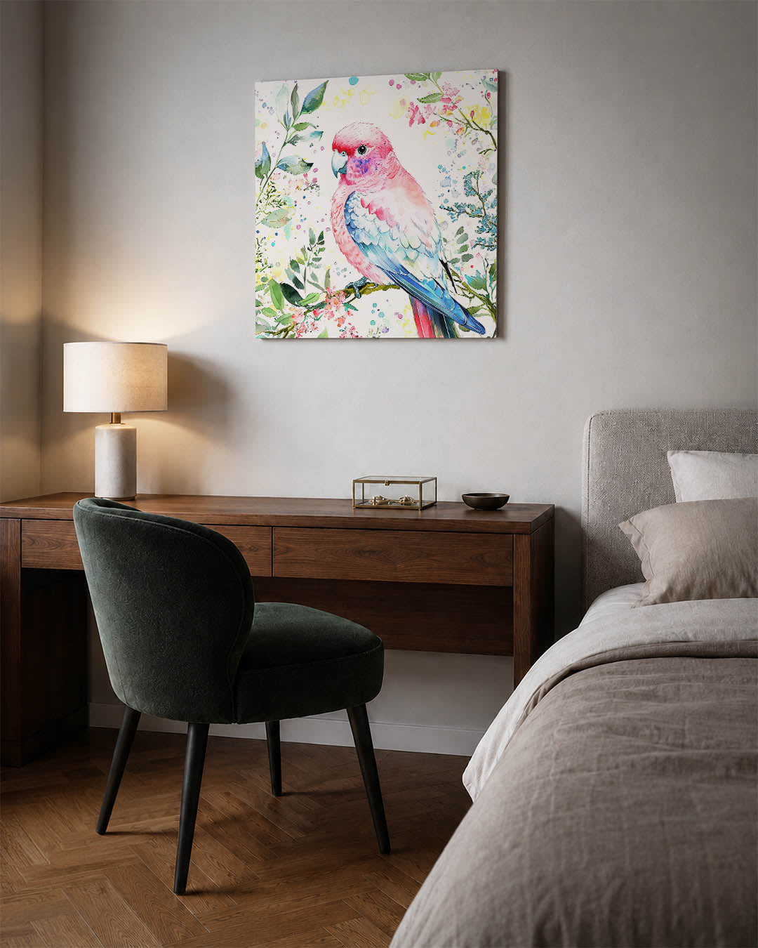 Vrolijke vogel illustratie kunstwerk – materiaalweergave – dit werk toont een kleurrijke vogel omringd door bladeren en